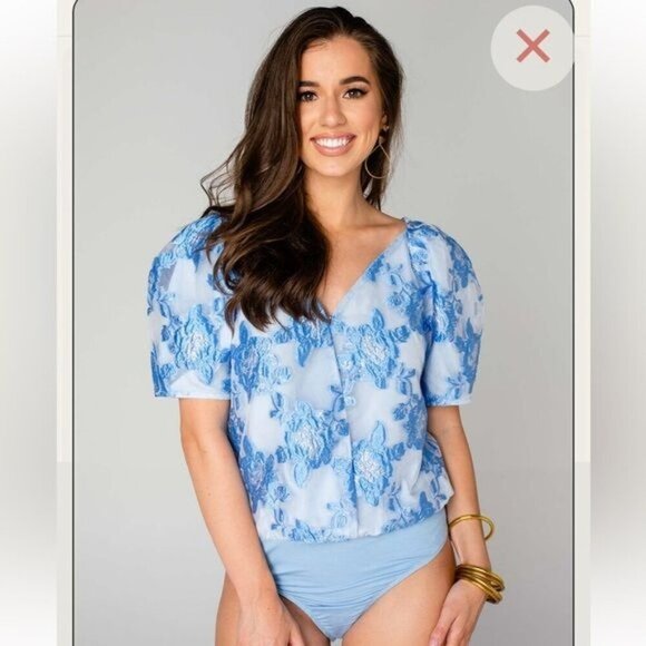 Buddy Love FELICITY CHRYSANTHEMUM BODYSUIT Blue Floral Puff Sleeve Top  Medium - Picture 3 of 10